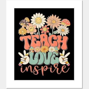 Teach Love Inspire Retro Groovy Daisy Back To School Teacher Posters and Art